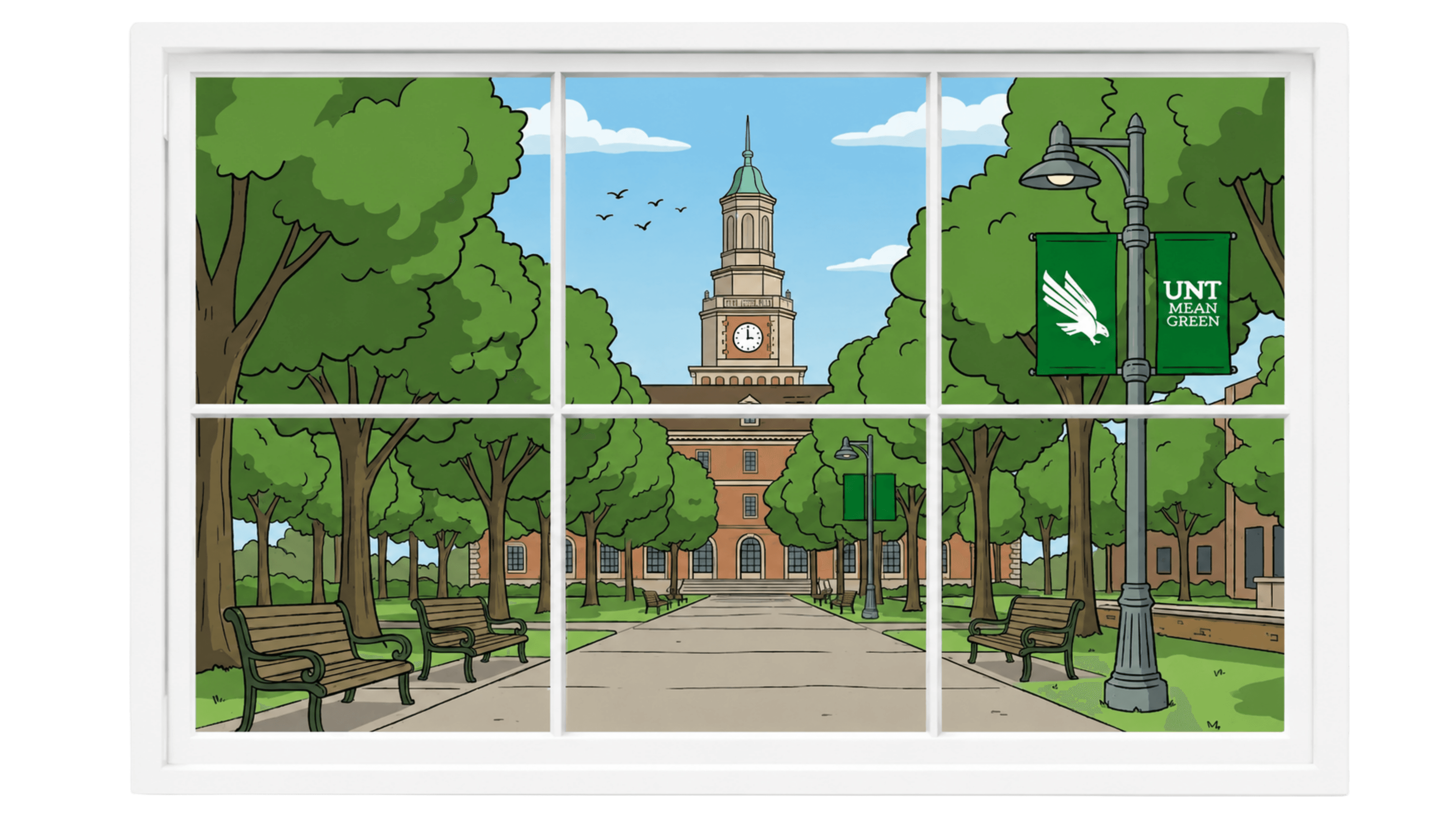 Window showing UNT campus